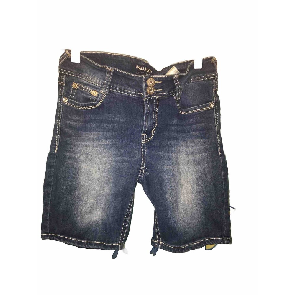Women's WallFlower Bermuda Dark Wash Embroidered Stretch Blue Jean Shorts Size 9